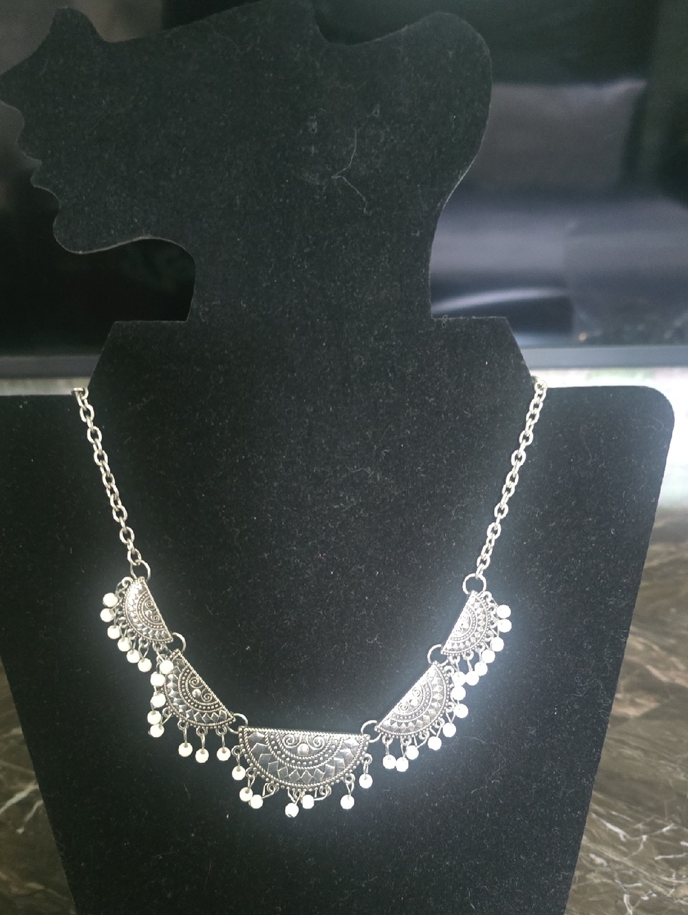 Silver-Tone Bohemian Fan Pendant Necklace with White Beads